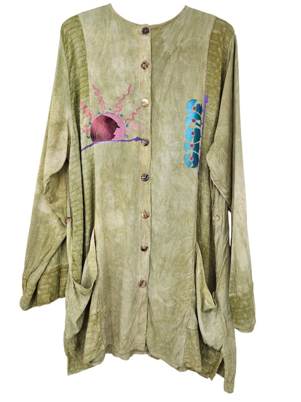 Steel Pony Art to Wear Lagenlook Button Front Tunic Top Green Women's Size XL